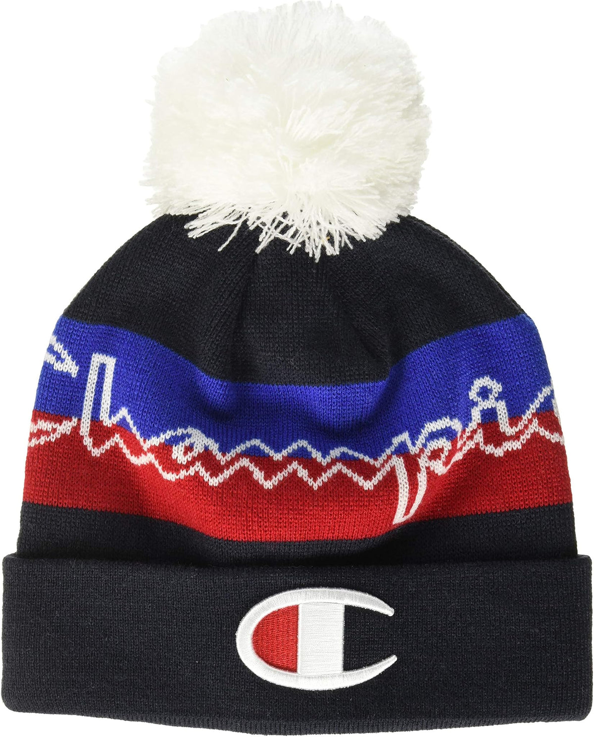 Champion Script Pom Knit Hat – Black/Royal/Red